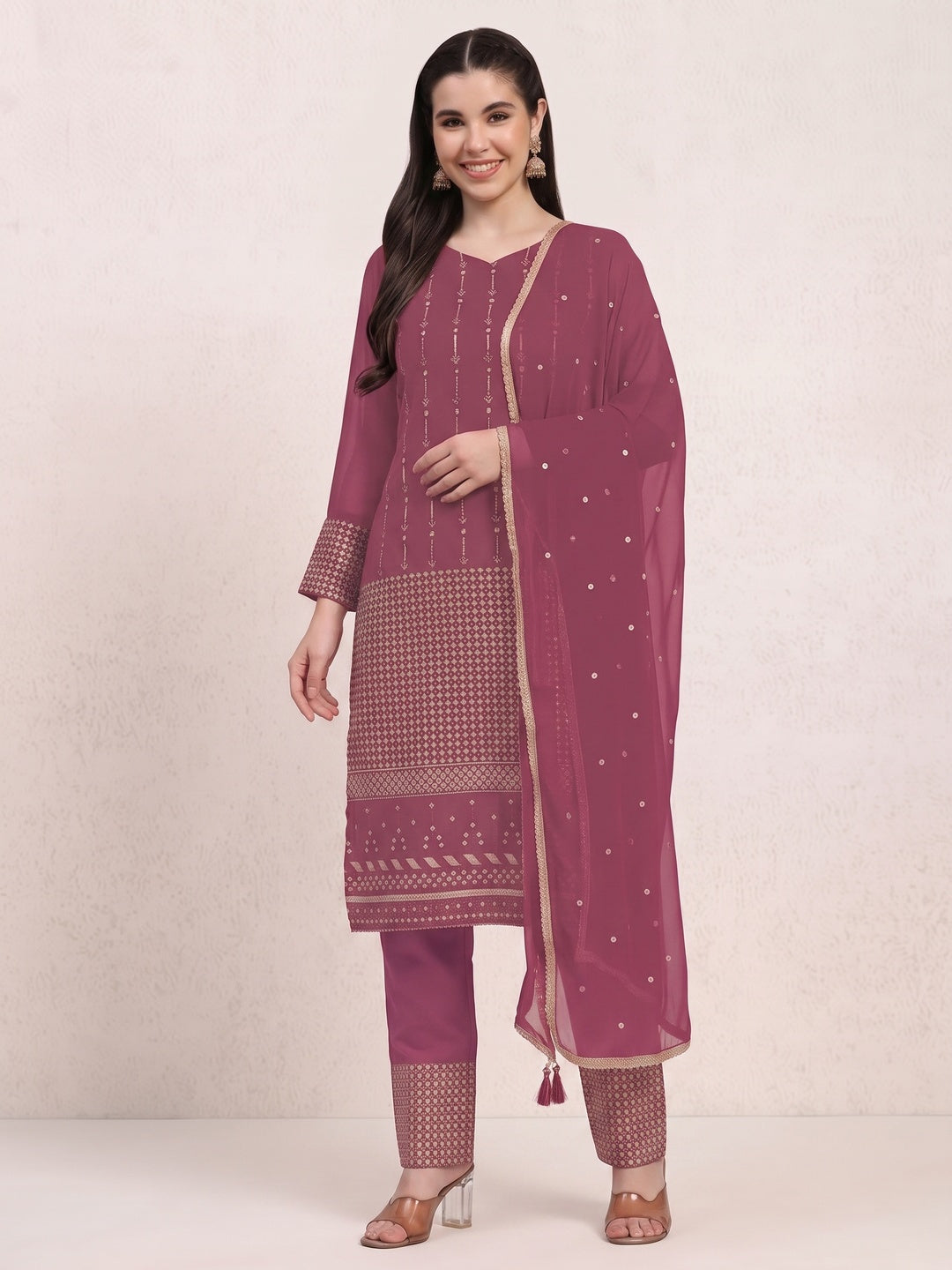 Pink Sequins Embroidered Georgette Semi Stitched Salwar Suit - Image 4