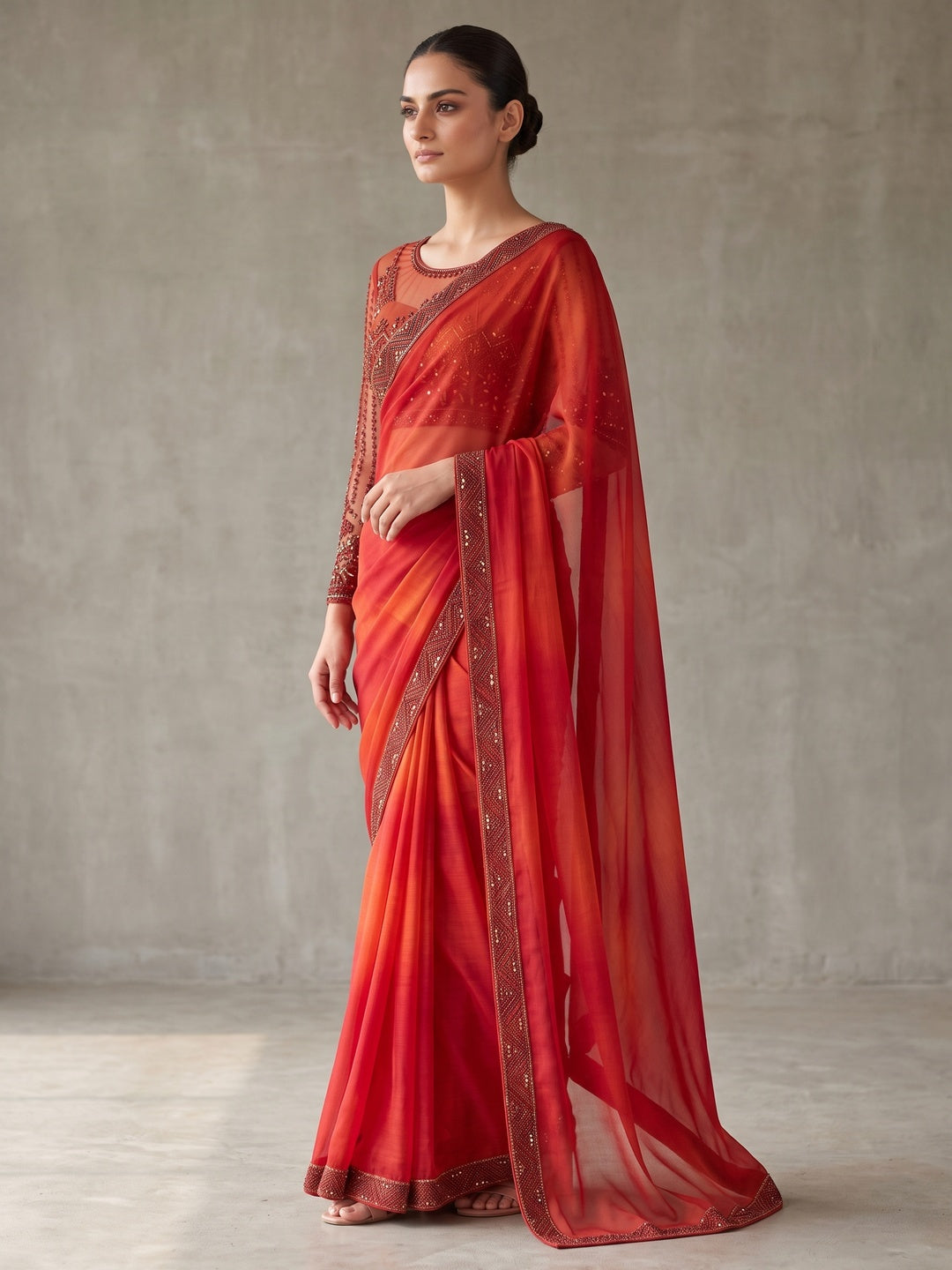 Red Embroidered Chiffon Saree - Image 4