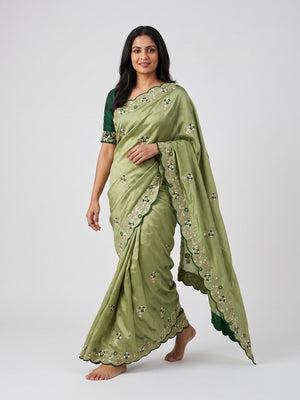 Designer Green Vichitra Silk Saree with Artistic Embroidered Border for Timeless Ethnic Elegance - Image 1