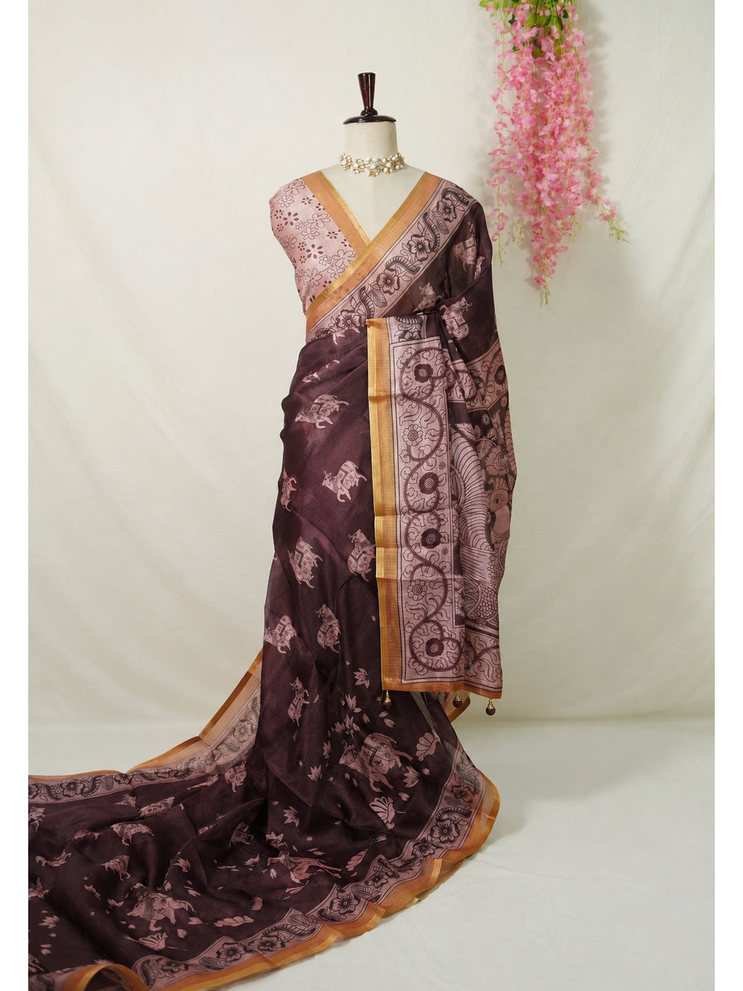Peachmode Deep Brown Chanderi Cow Motif Saree - Image 2