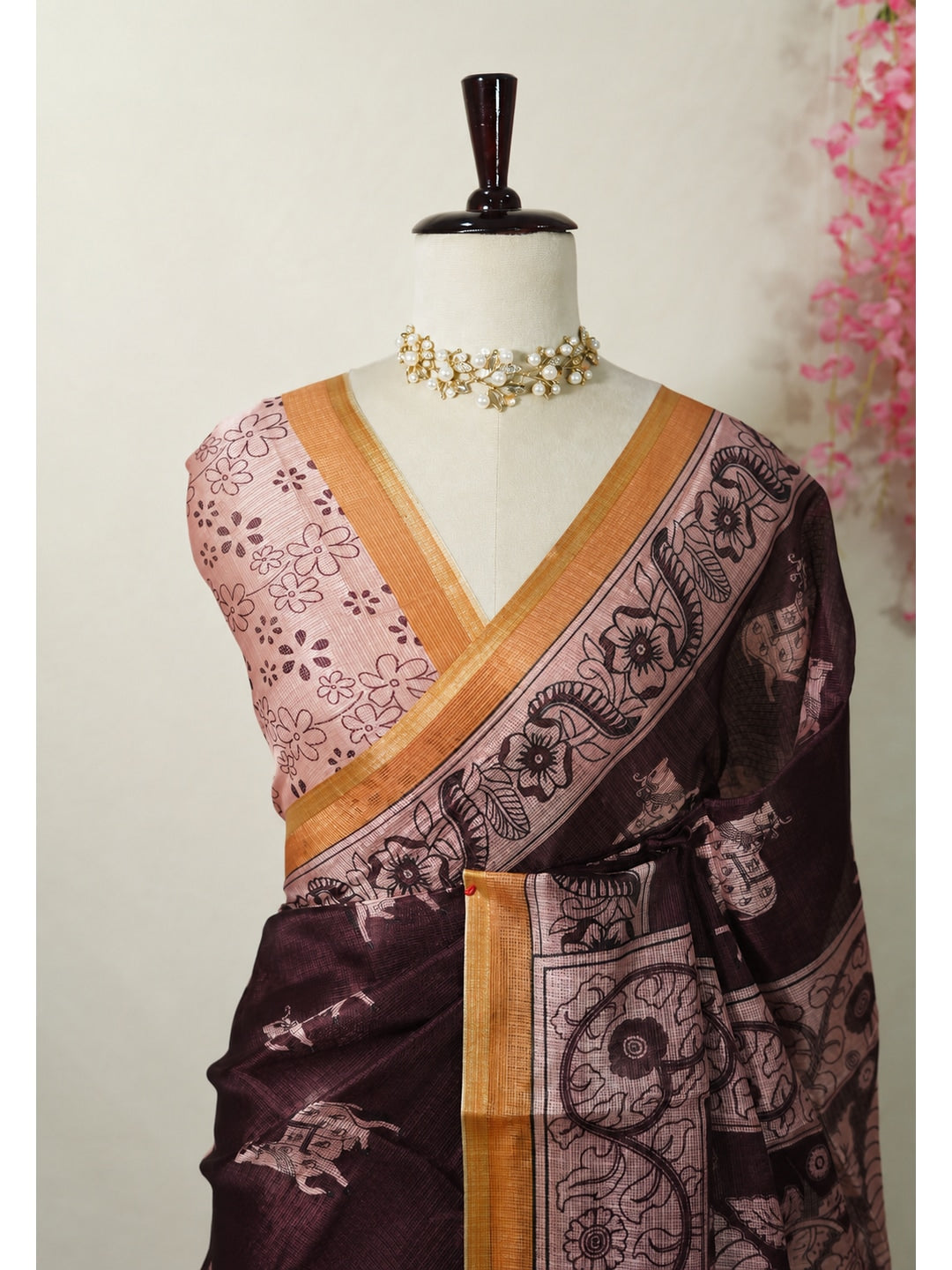 Peachmode Deep Brown Chanderi Cow Motif Saree - Image 3