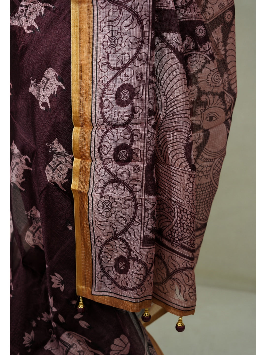 Peachmode Deep Brown Chanderi Cow Motif Saree - Image 5