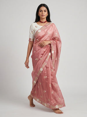 Rose Pink Lightweight Georgette Crush Saree Adorned with Delicate Floral Embroidery - Image 1