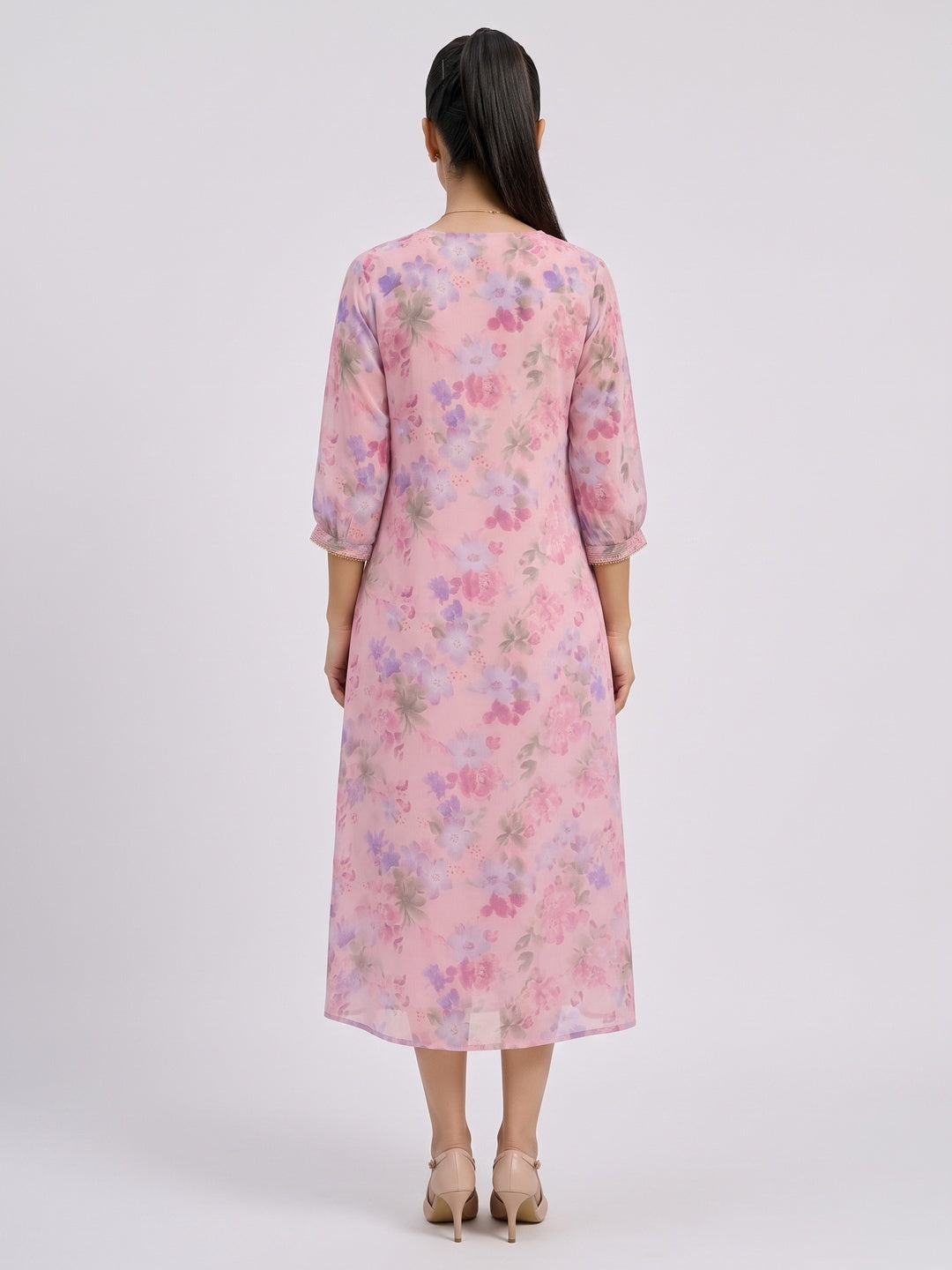Rich Pink Floral Printed Chiffon Maxi Dress Feminine Elegant Appeal - Image 3