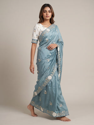 Blue Lightweight Georgette Crush Saree Adorned with Delicate Floral Embroidery - Image 1