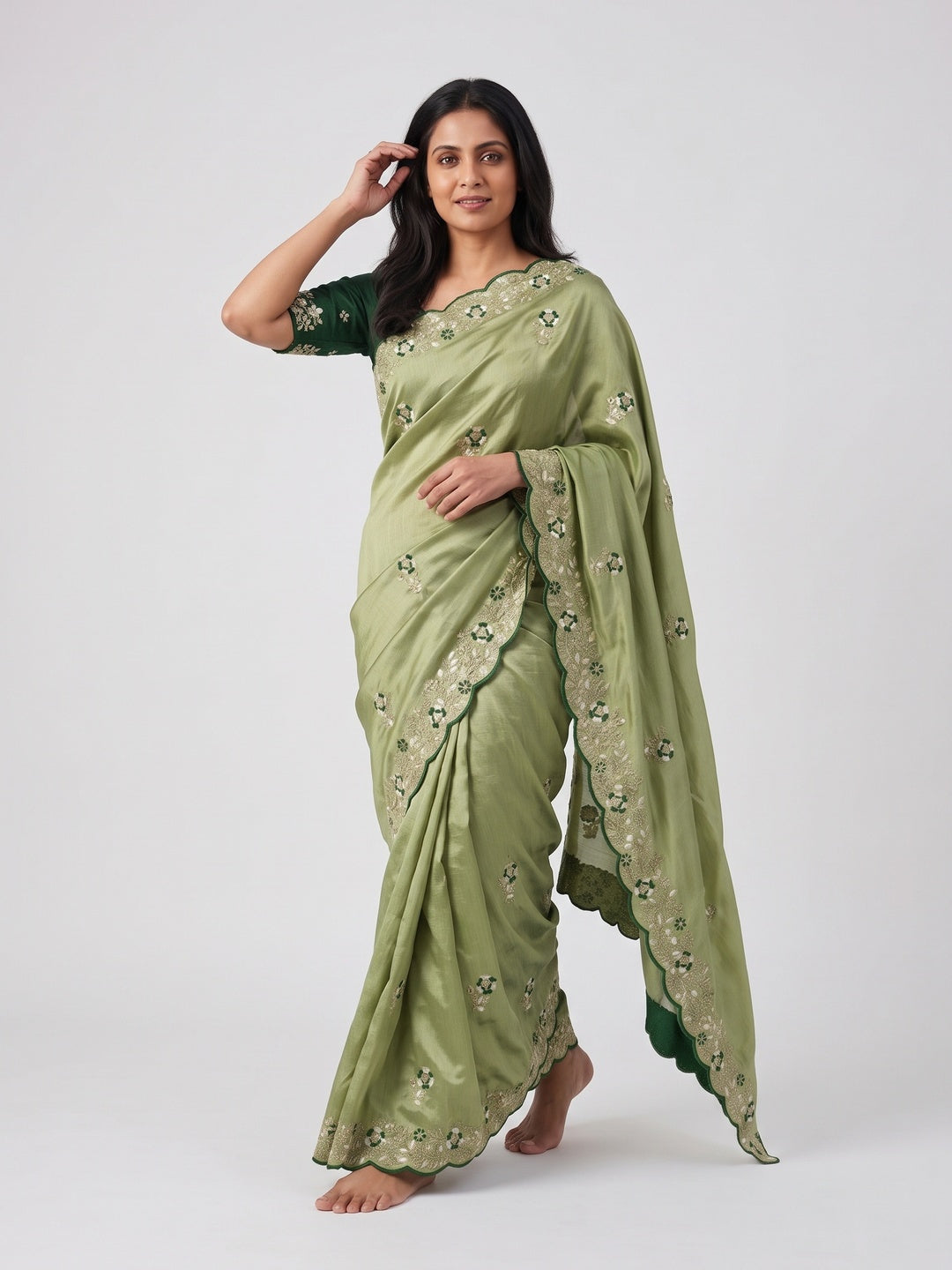 Designer Green Vichitra Silk Saree with Artistic Embroidered Border for Timeless Ethnic Elegance - Image 4