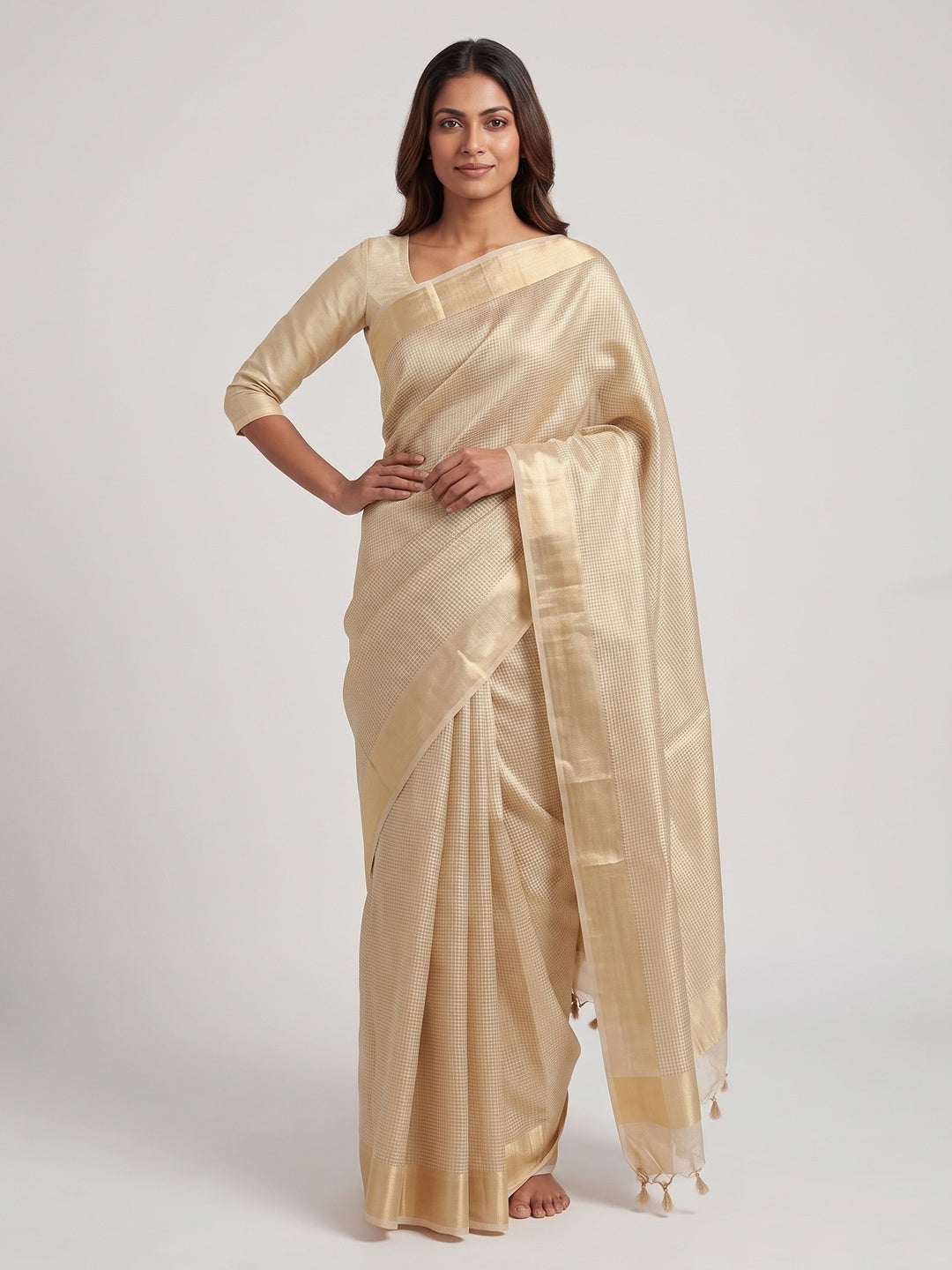 Gold Designer Handloom Tissue Silk Saree Adorned with Banarasi-Style Detailing - Image 4