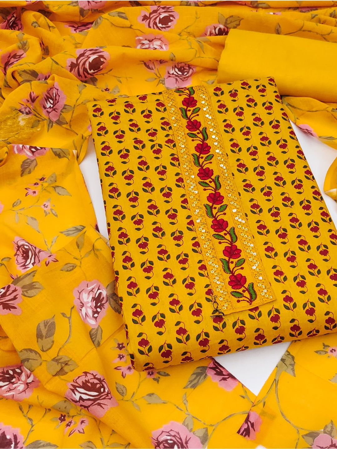 Peachmode Mustard Floral Unstitched Dress Material - Image 1