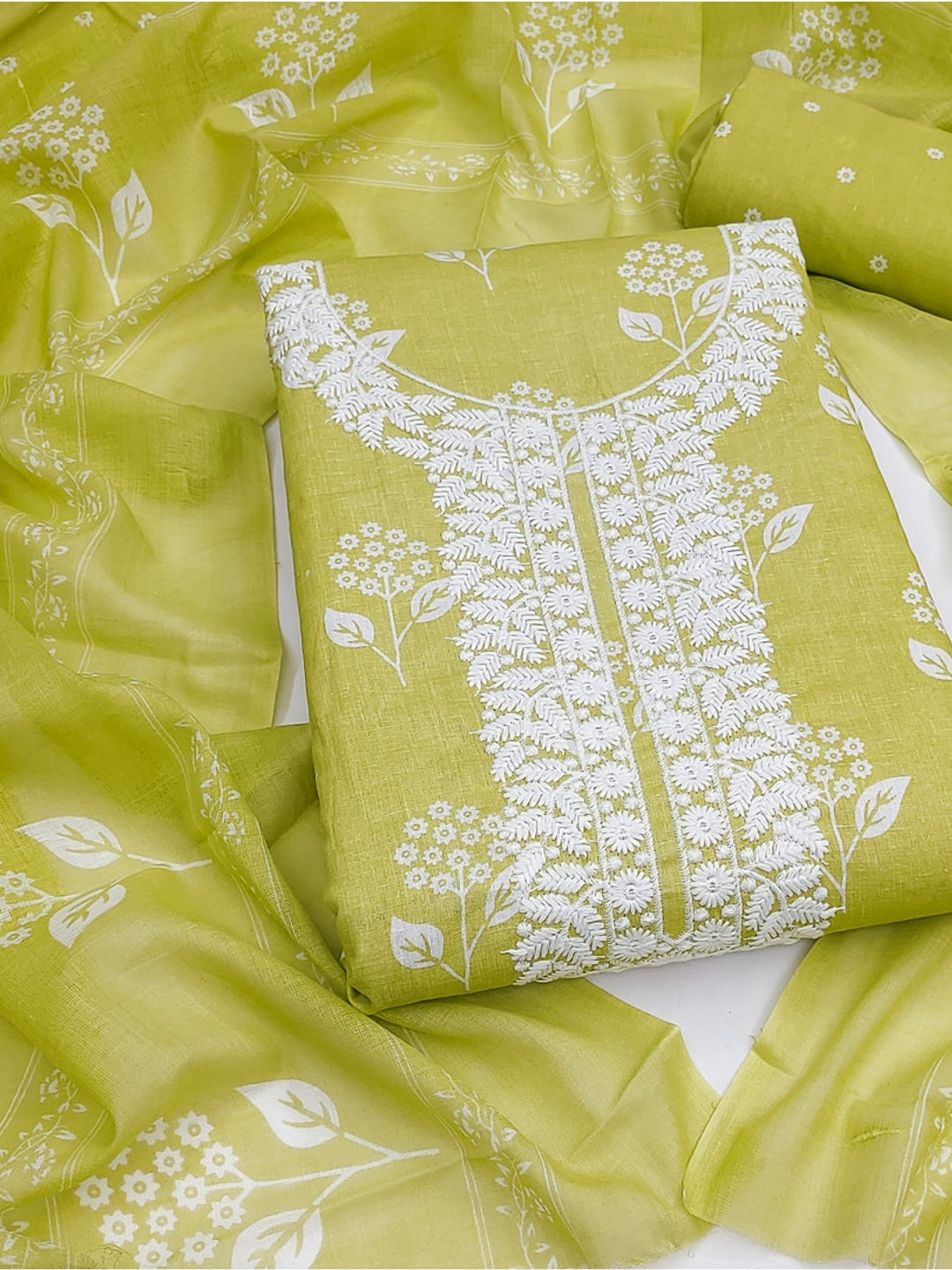 Peachmode Lime Green Floral Unstitched Dress Material - Image 1