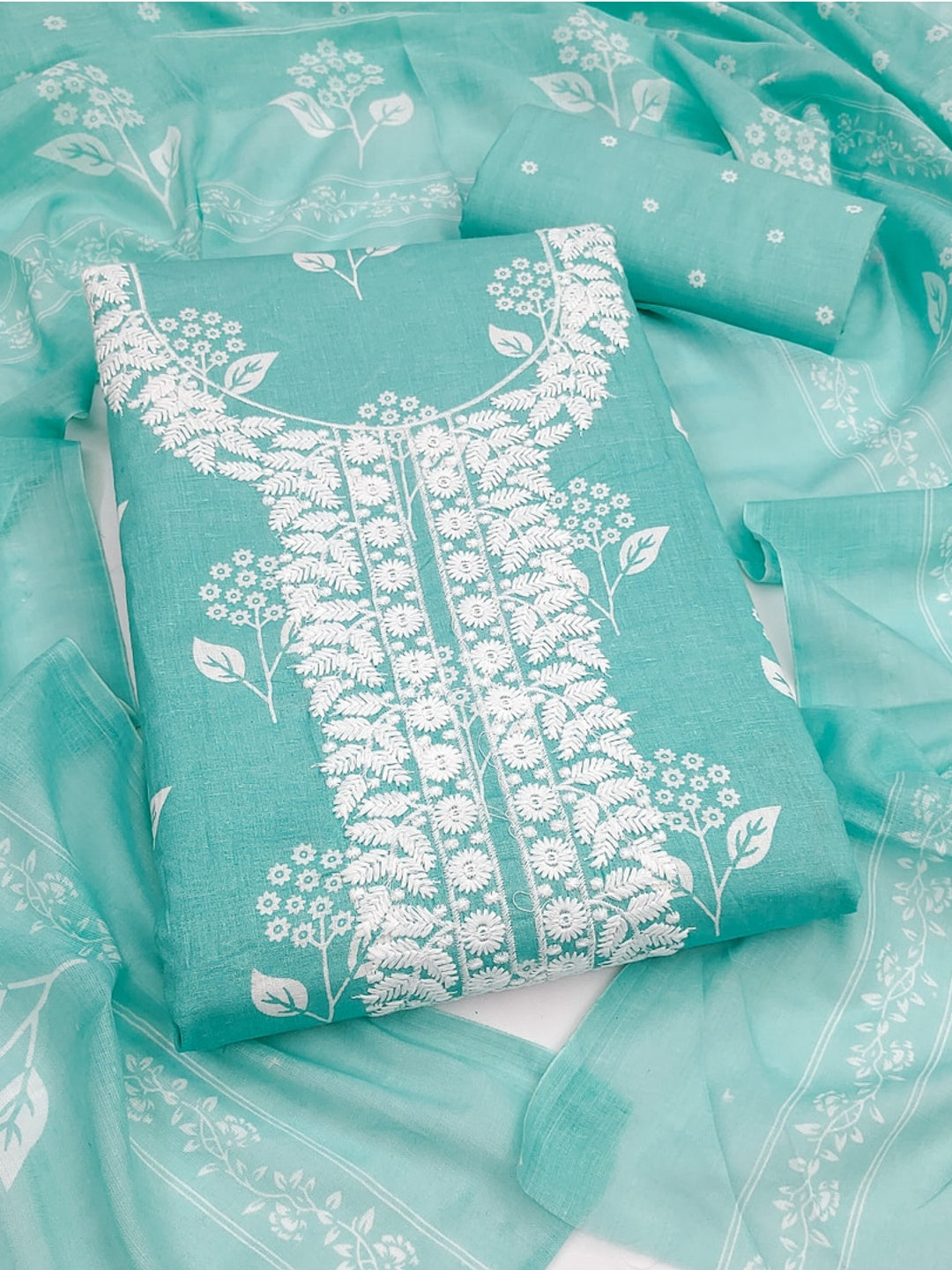 Peachmode Turquoise Floral Unstitched Dress Material - Image 1