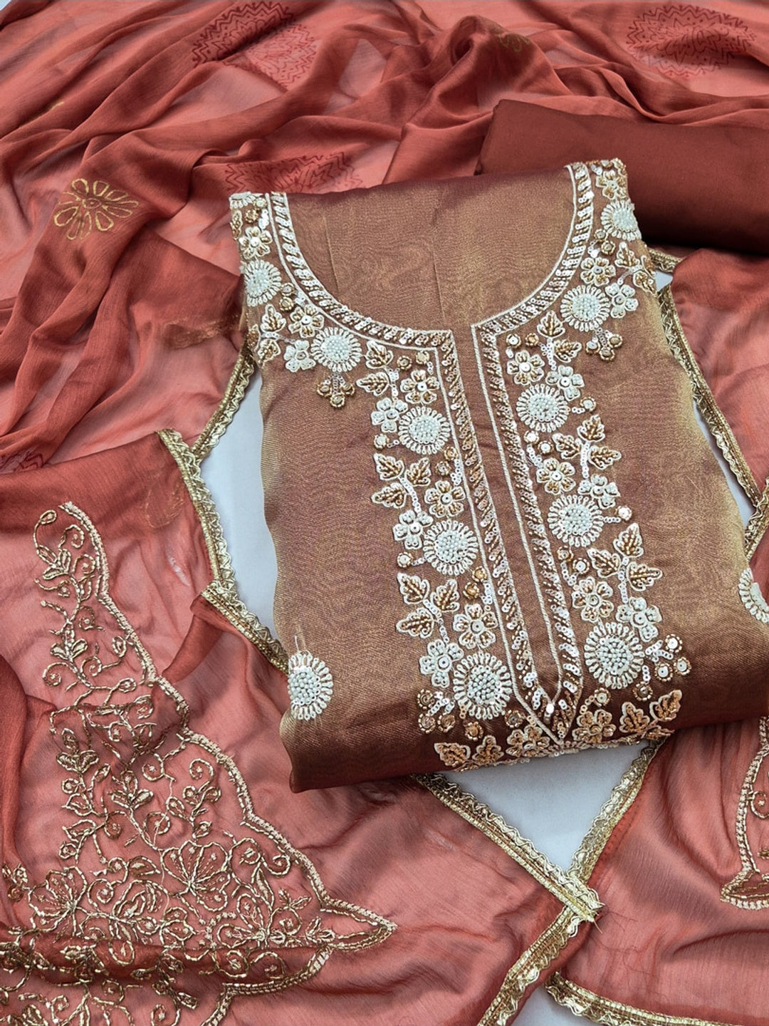 Peachmode Brown 11735 Unstitched Dress Material - Image 1