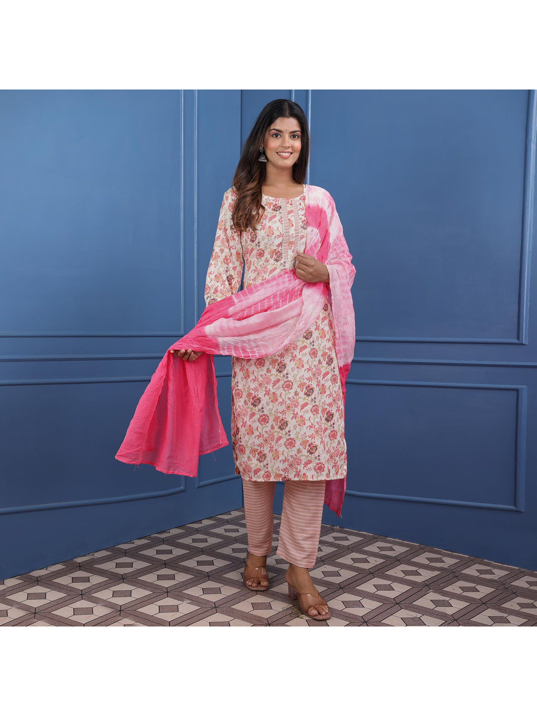 White Peach Floral Foil Printed Rayon Suit - Image 4