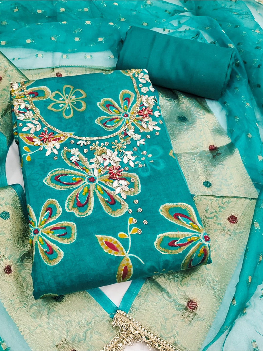 Peachmode Turquoise 11731 Unstitched Dress Material - Image 1