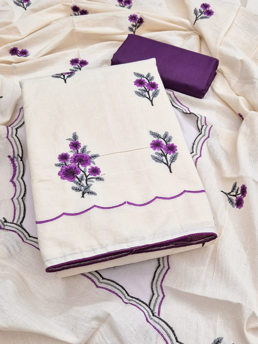 Peachmode Wine Floral Embroidered Cotton Dress Material - Image 1