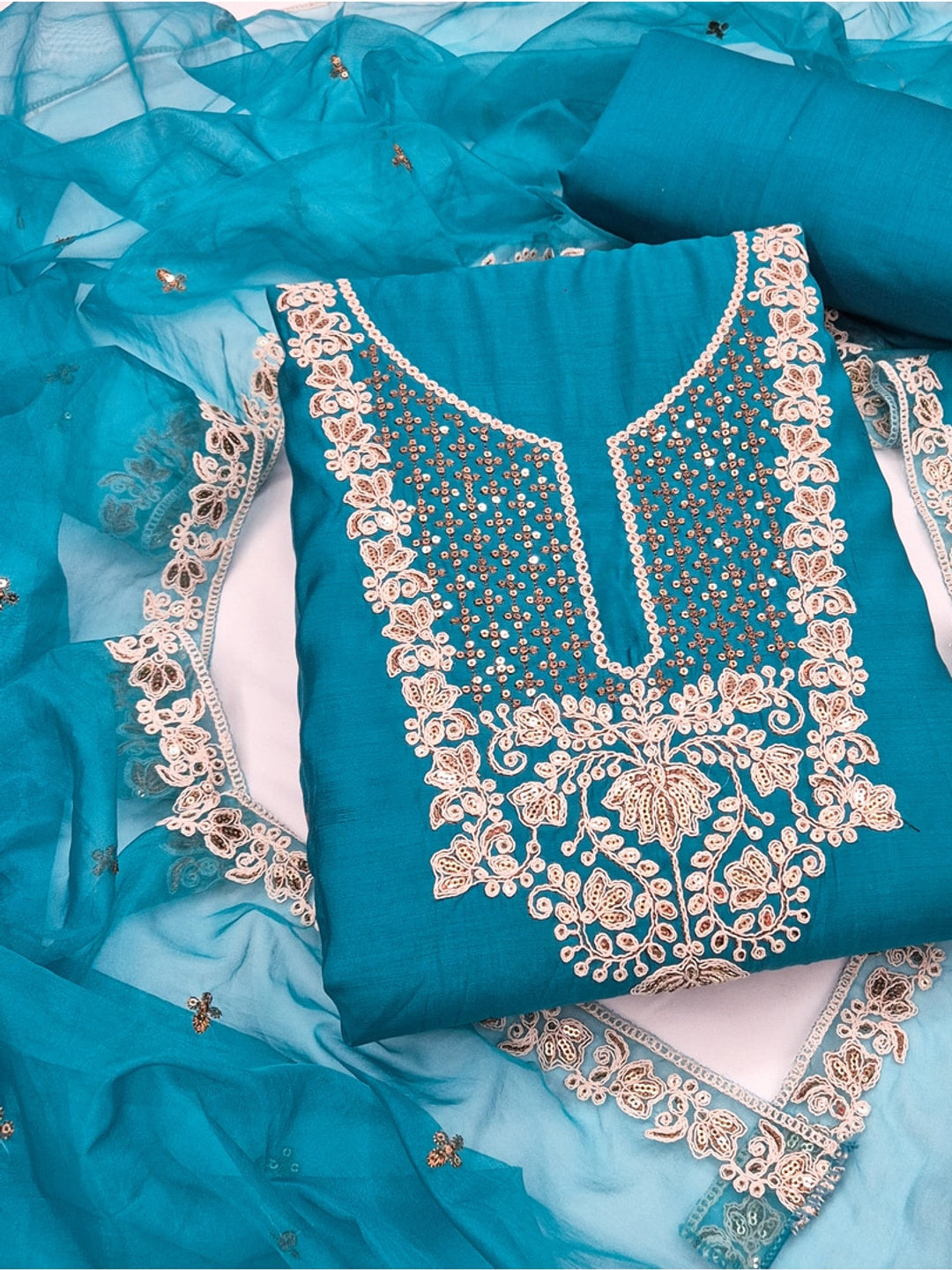 Peachmode Teal Floral Embroidered Roman Silk Dress Material - Image 1