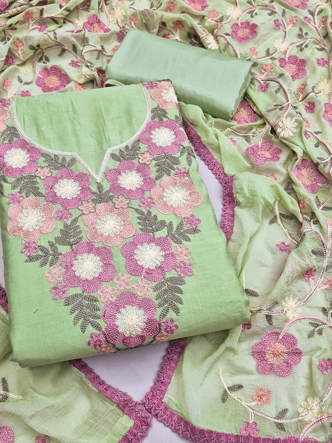 Peachmode Green Floral Embroidered Roman Silk Dress Material - Image 1