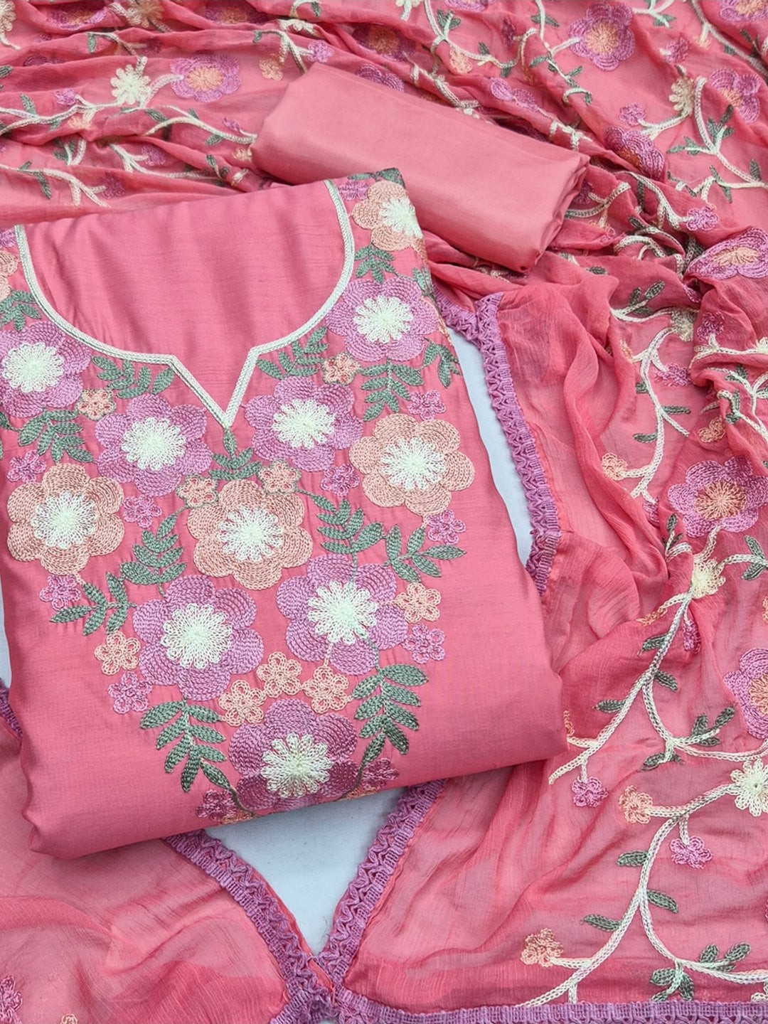 Peachmode Pink Floral Embroidered Roman Silk Dress Material - Image 1
