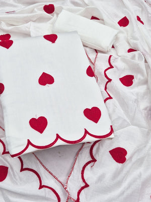 Peachmode White Heart Embroidered Roman Silk Dress Material - Image 1