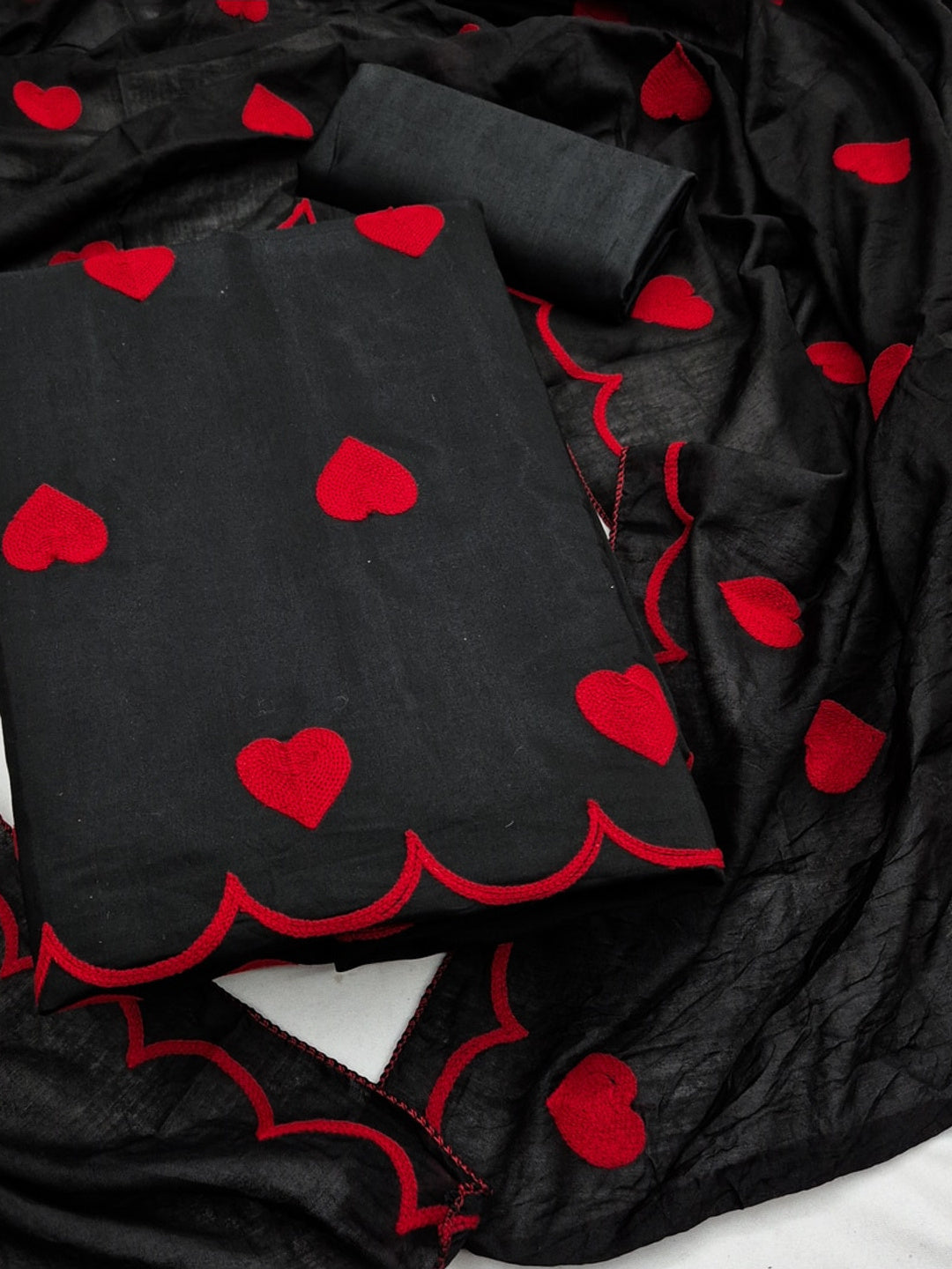 Peachmode Black Heart Embroidered Roman Silk Dress Material - Image 1