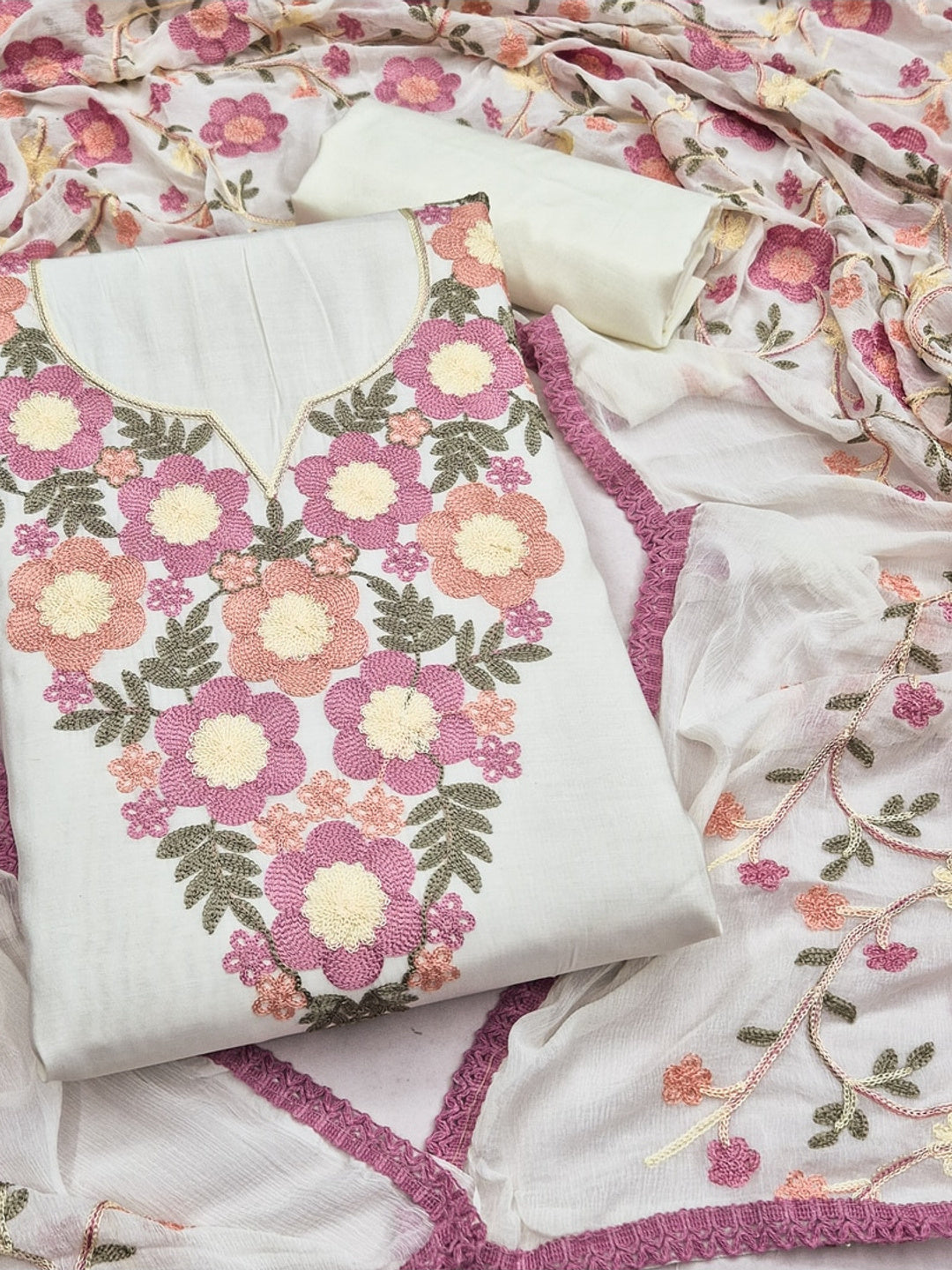 Peachmode Cream Floral Embroidered Roman Silk Dress Material - Image 1
