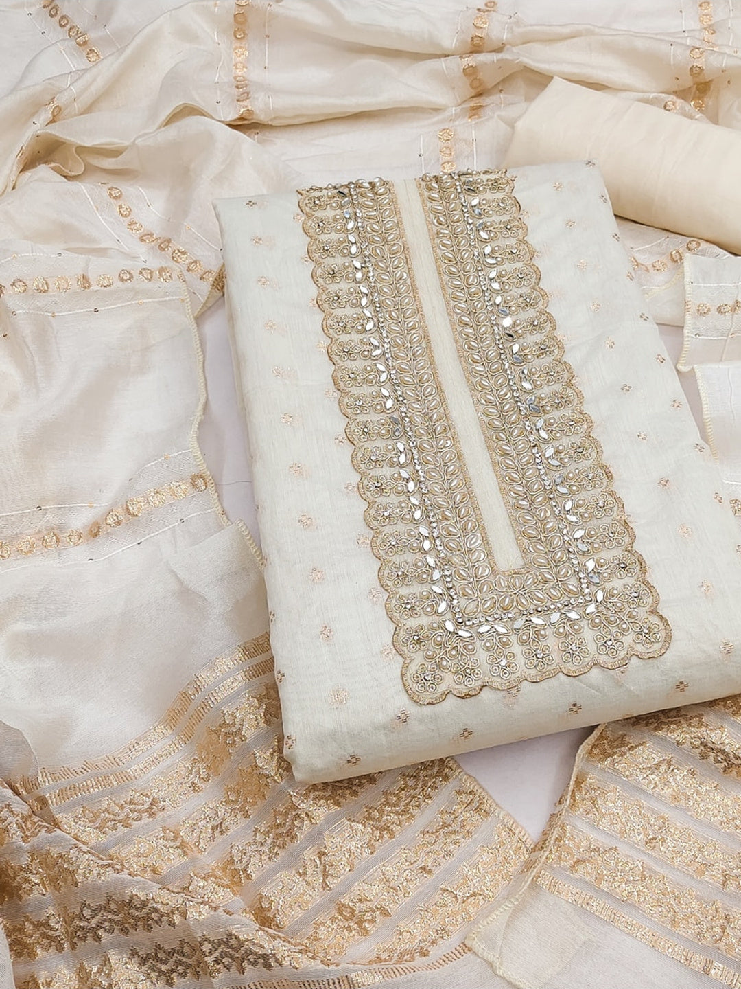 Peachmode Off White Embroidered Chanderi Dress Material - Image 1