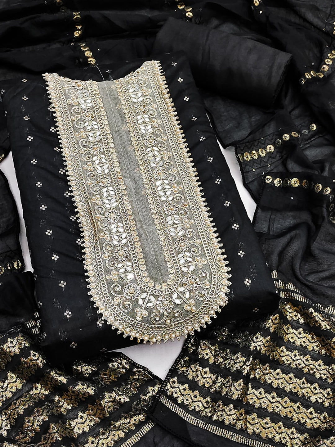 Peachmode Black Embroidered Chanderi Dress Material - Image 1