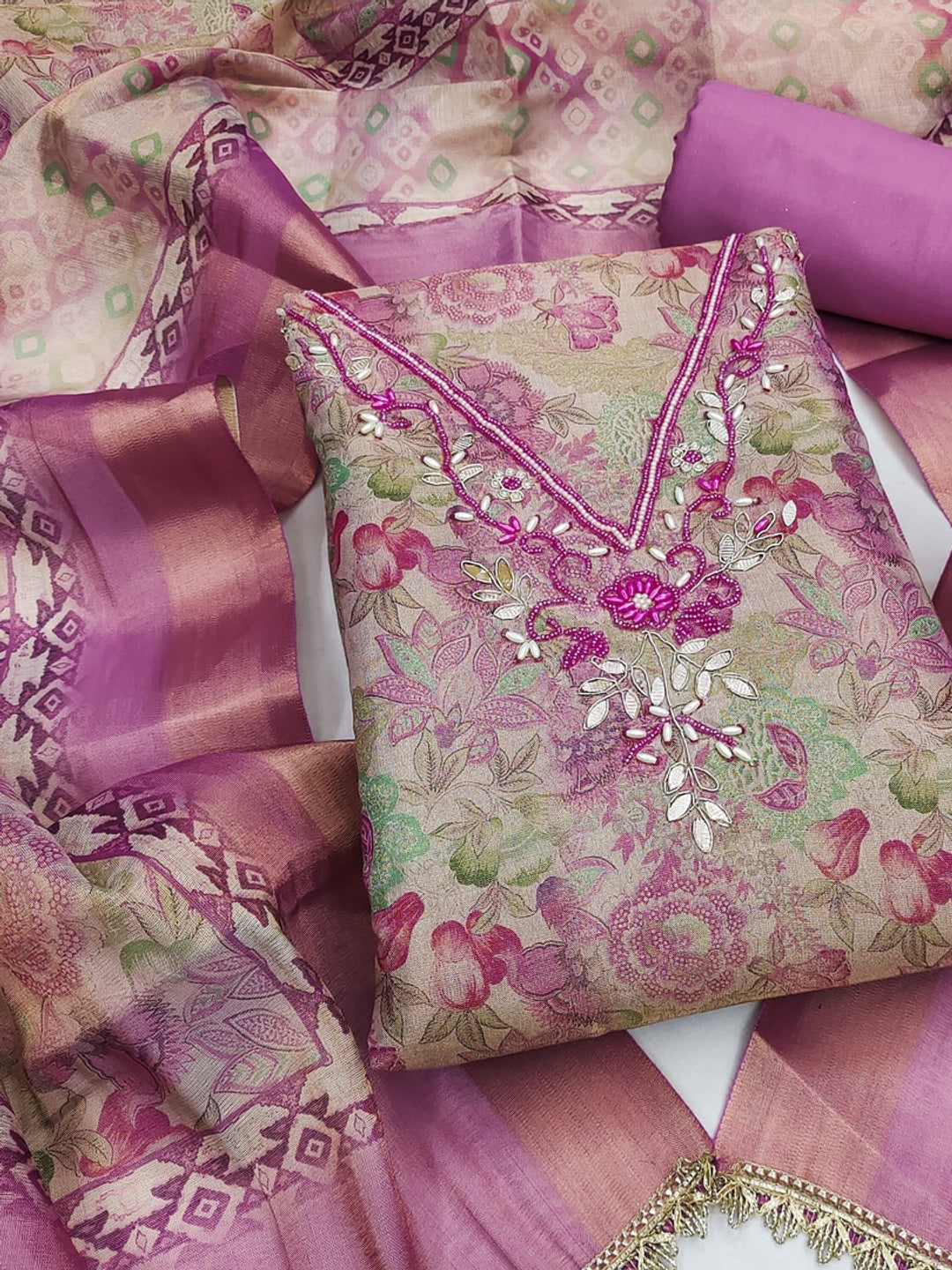 Peachmode Pink Unstitched Dress Material - Image 1