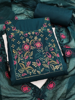 Peachmode Teal Embroidered Roman Silk Dress Material - Image 1