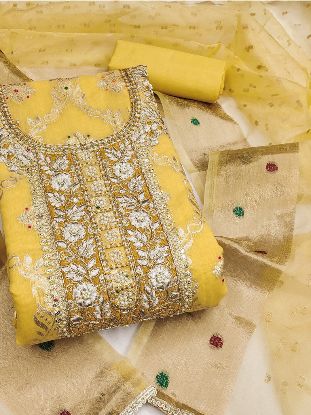Peachmode Banarasi Cotton Yellow Unstitched Dress Material - Image 1