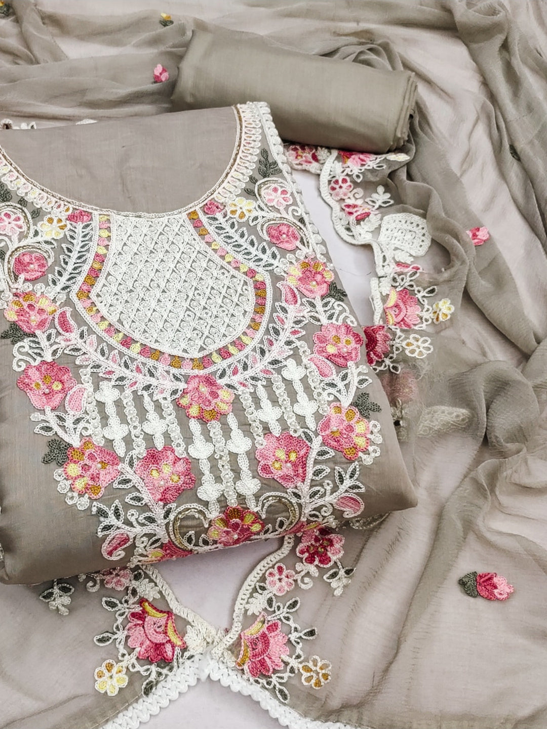 Peachmode Cotton Silk Grey Unstitched Dress Material - Image 1
