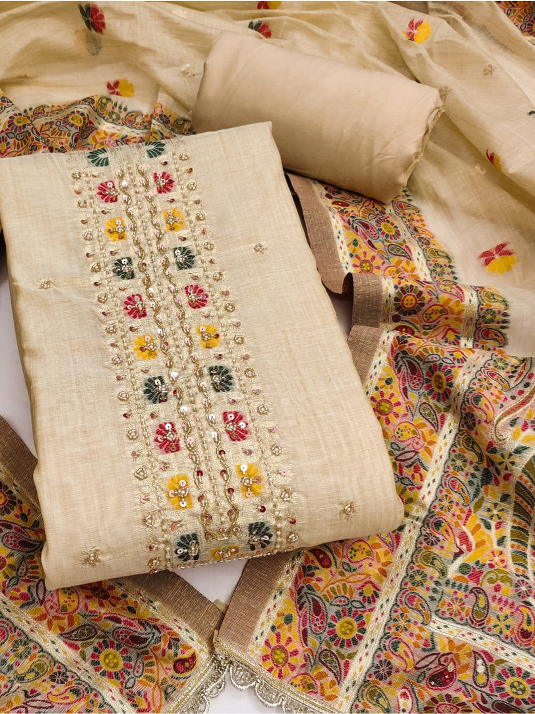 Peachmode Pure Banarasi Cotton Chikoo Unstitched Dress Material - Image 1