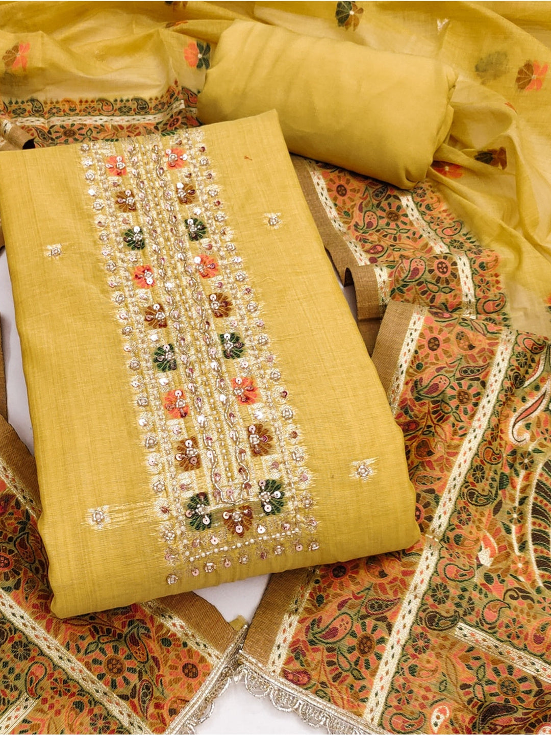 Peachmode Pure Banarasi Cotton Yellow Unstitched Dress Material - Image 1