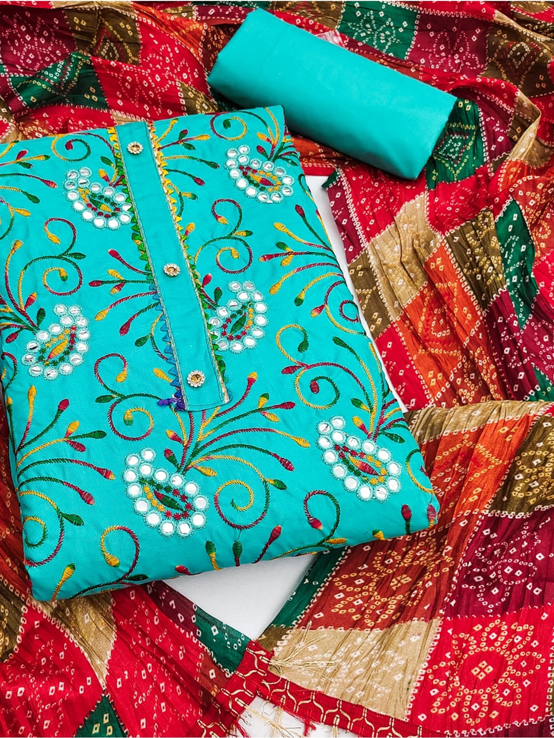 Peachmode Sea Green Floral Embroidered Cotton Blend Dress Material - Image 1