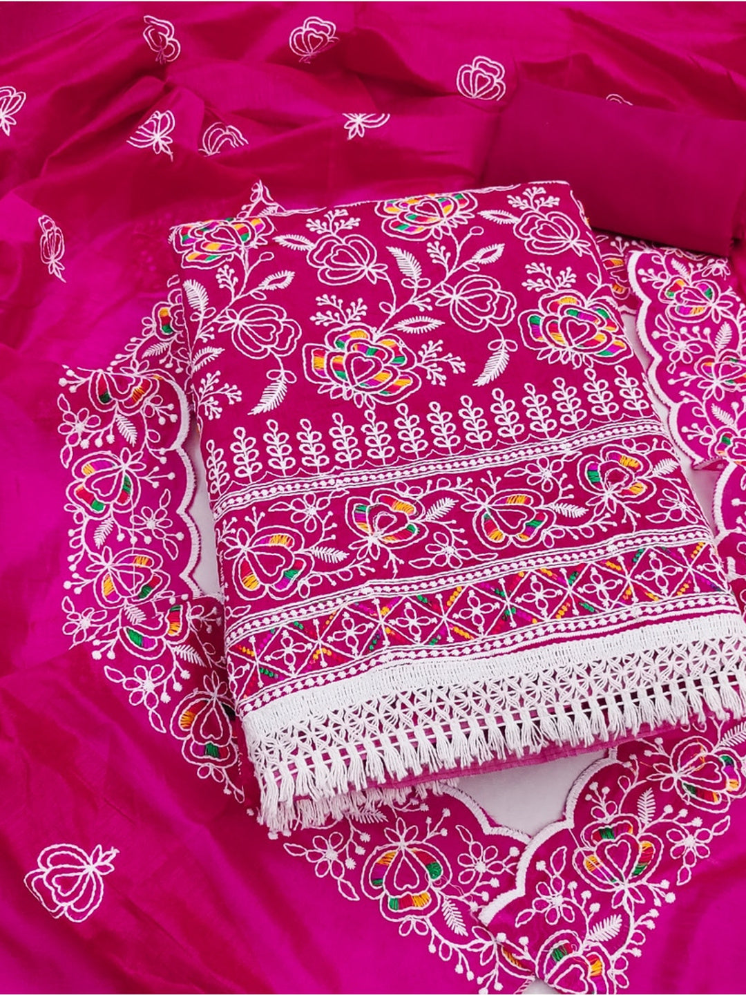Peachmode Rani Pink Chanderi Thread Work Dress Material