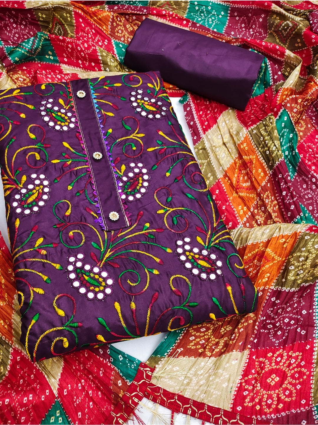 Peachmode Purple Floral Embroidered Cotton Blend Dress Material - Image 1