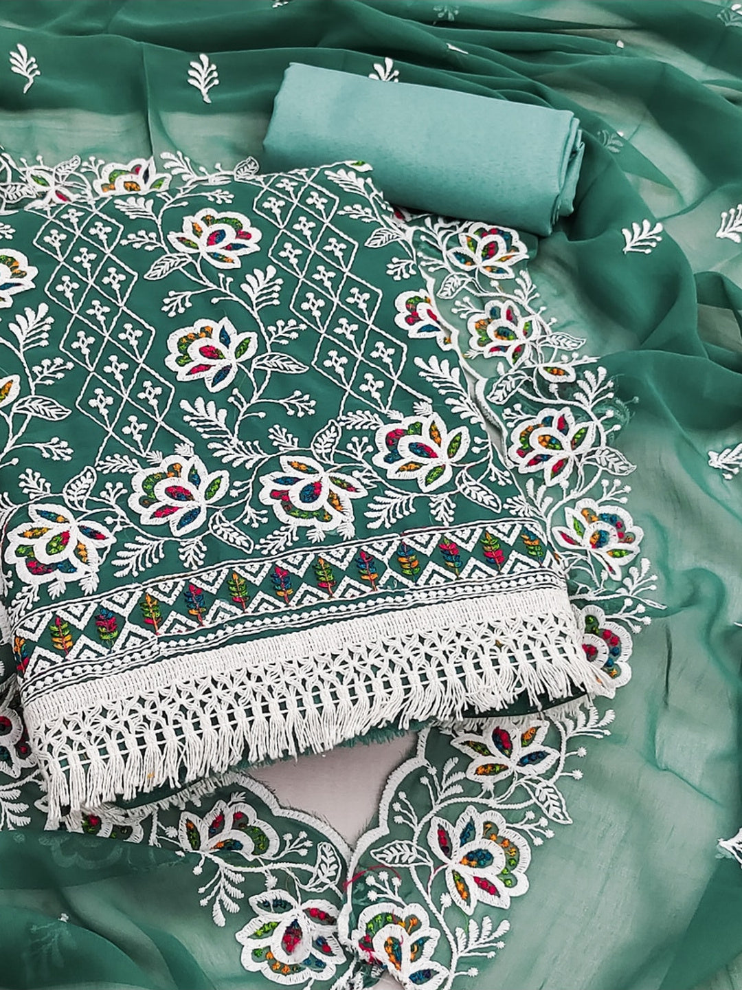 Peachmode Rama Green Floral Thread Work Georgette Dress Material - Image 1