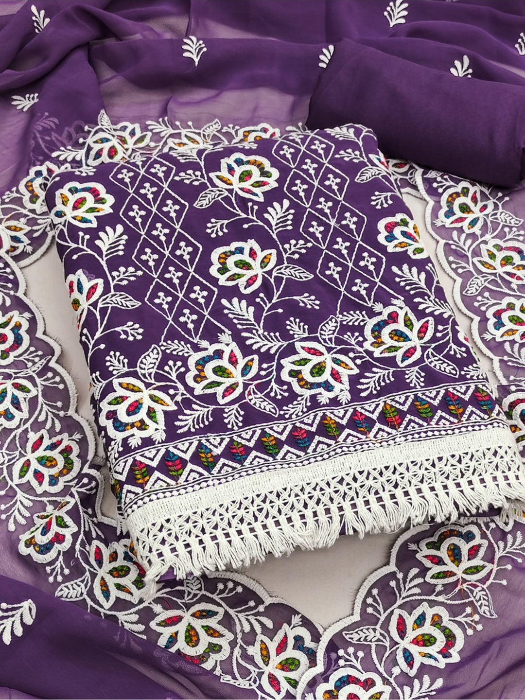 Peachmode Purple Floral Thread Work Georgette Dress Material - Image 1
