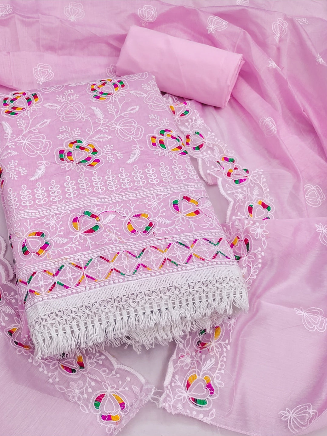 Peachmode Pink Chanderi Thread Work Dress Material