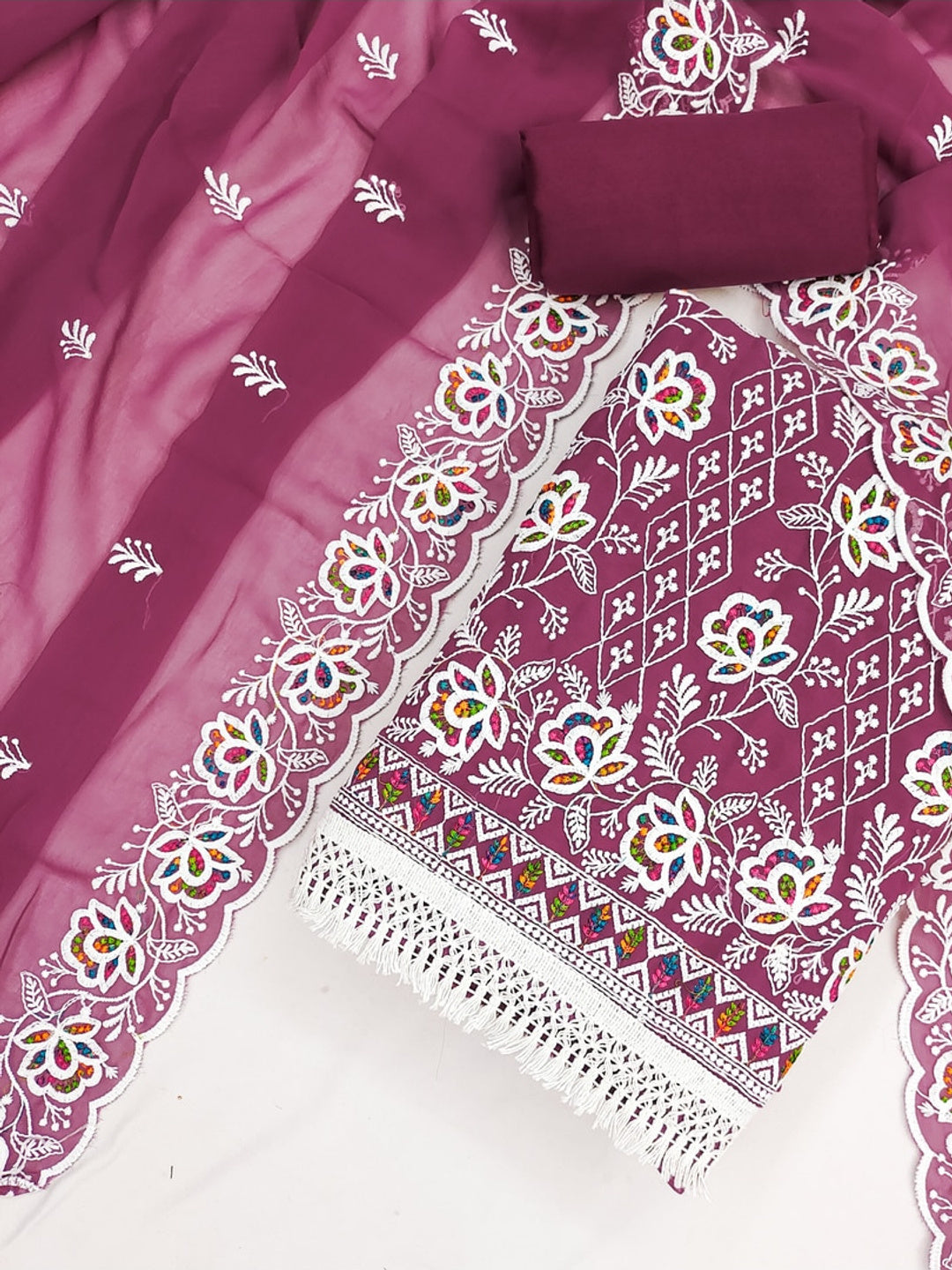 Peachmode Mauve Floral Thread Work Georgette Dress Material