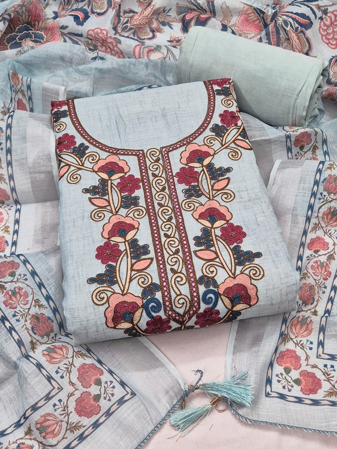 Peachmode Light Blue Floral Embroidered Linen Cotton Dress Material - Image 1