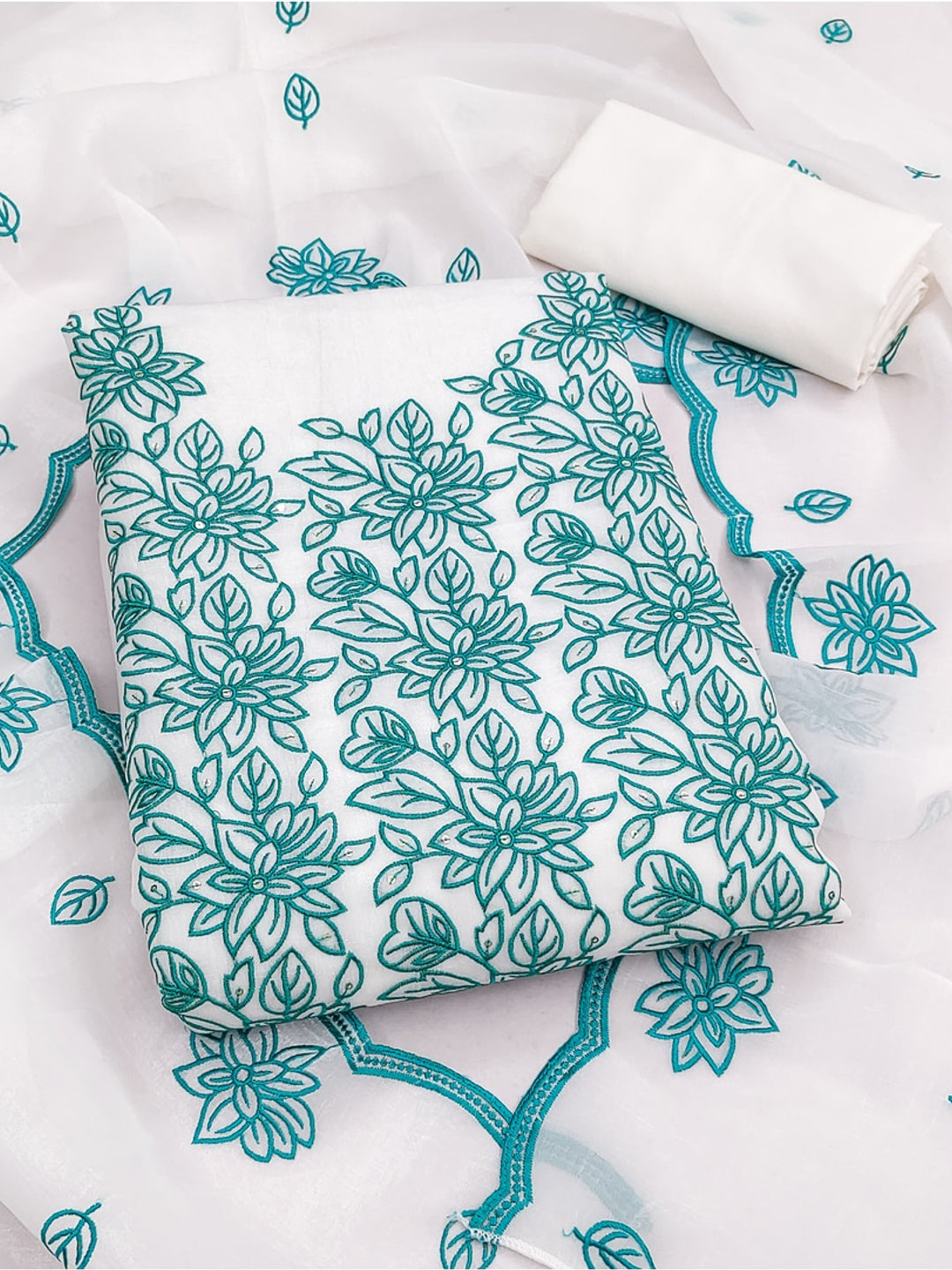 Peachmode Off White Teal Floral Embroidered Dress Material - Image 1