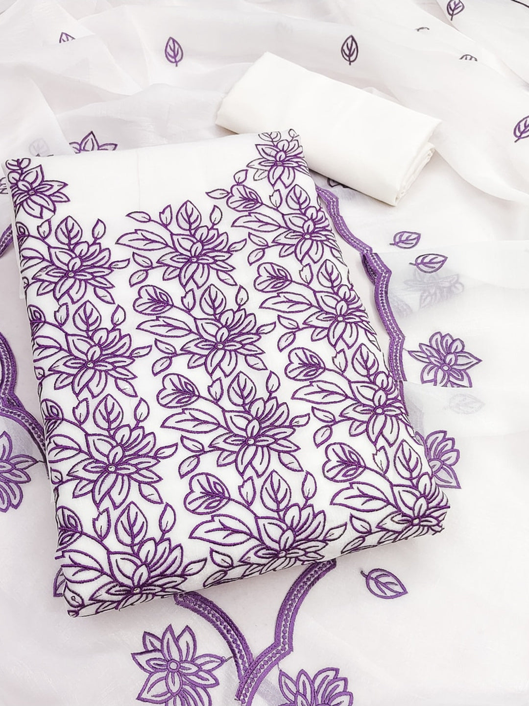 Peachmode Off White Purple Floral Embroidered Dress Material - Image 1