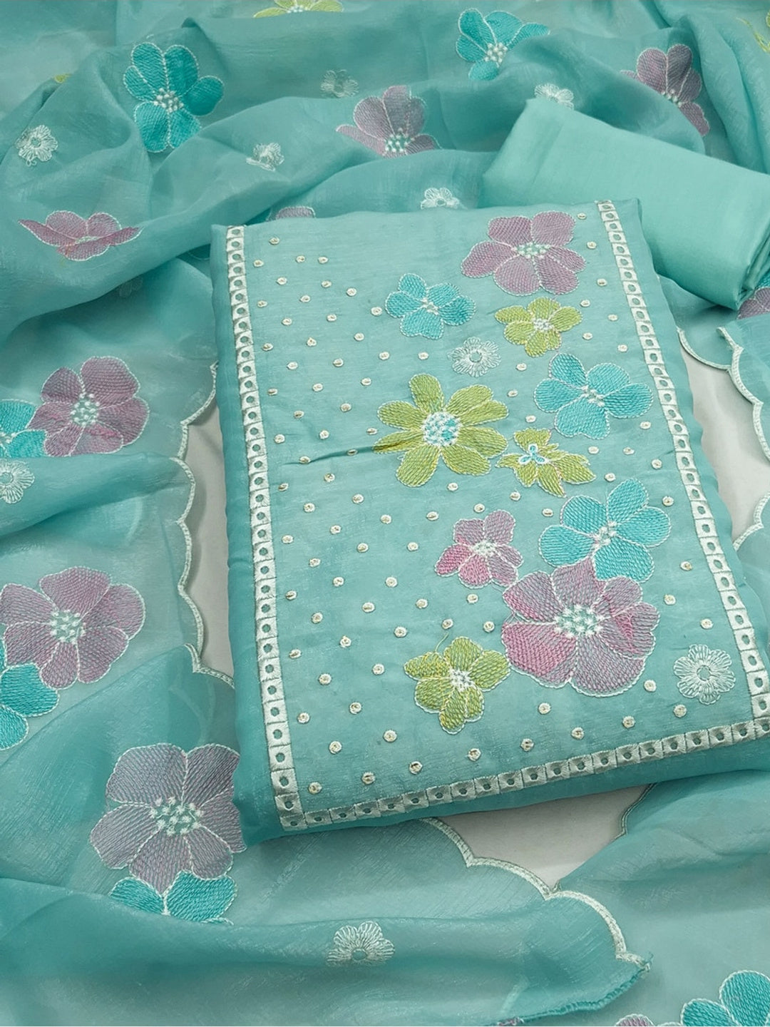Peachmode Turquoise Crunchy Dress Material with Floral Embroidery - Image 1