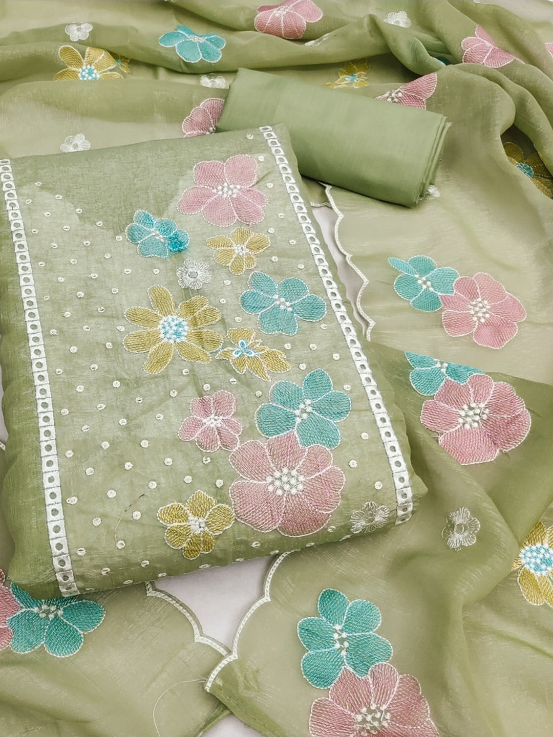 Peachmode Olive Crunchy Dress Material with Floral Embroidery - Image 1