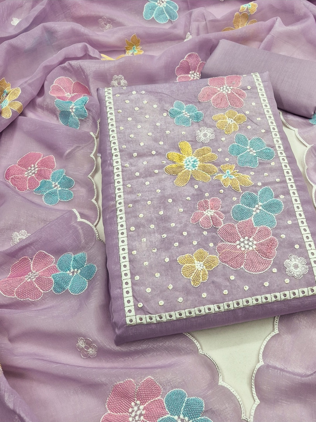 Peachmode Lavender Crunchy Dress Material with Floral - Image 1