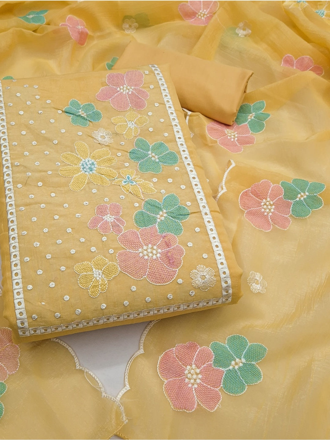 Peachmode Yellow Crunchy Dress Material with Floral Embroidery - Image 1