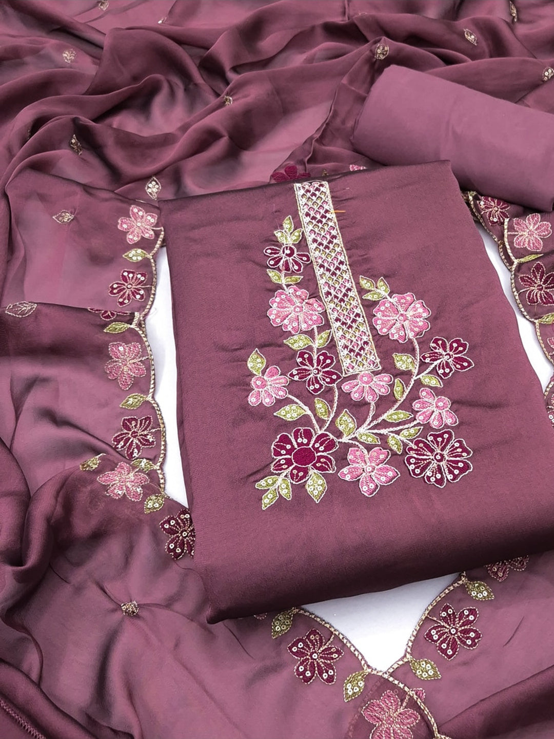 Peachmode Mauve Satin Dress Material with Floral Embroidery - Image 1