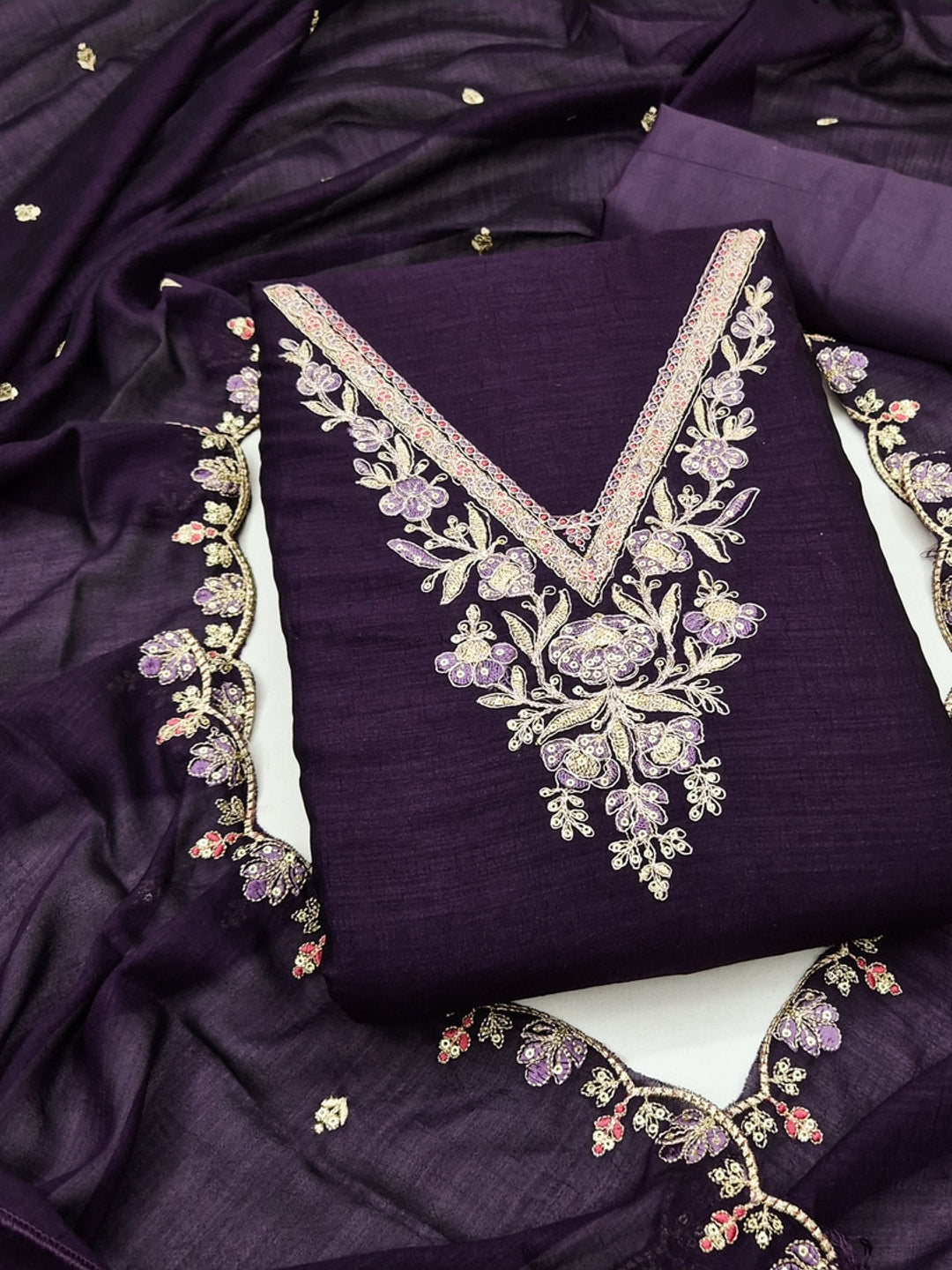 Peachmode Purple Vichitra Silk Dress Material with Floral Embroidery - Image 1