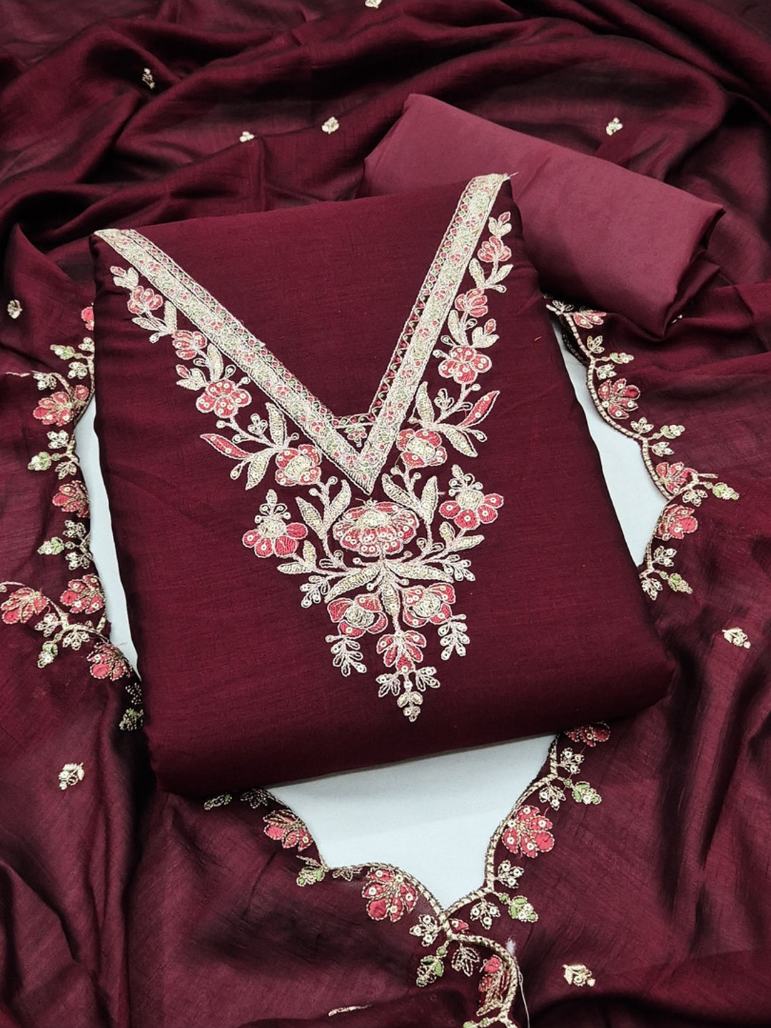 Peachmode Wine Vichitra Silk Dress Material with Floral Embroidery - Image 1