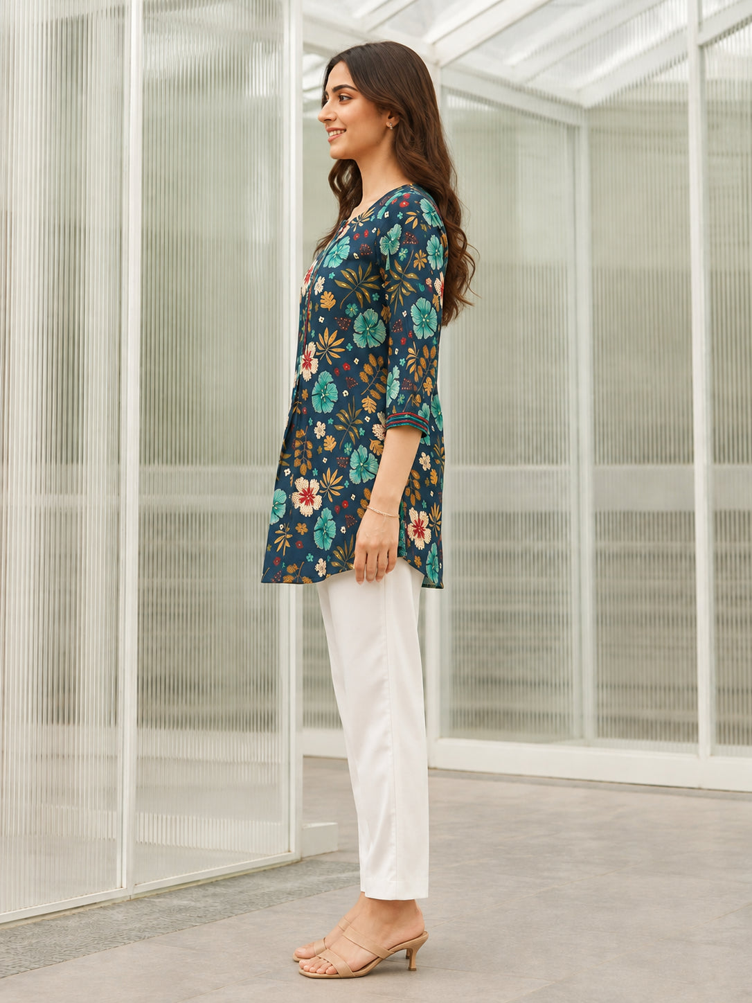 Peachmode Teal Blue Rayon Floral Printed Embroidered Top - Image 3